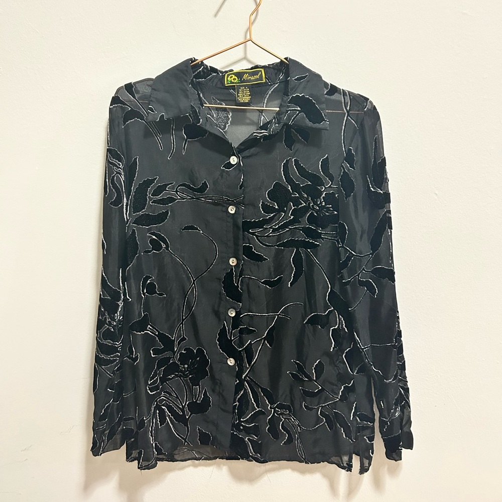 Vintage Velvet Sheer Button Oversized Blouse